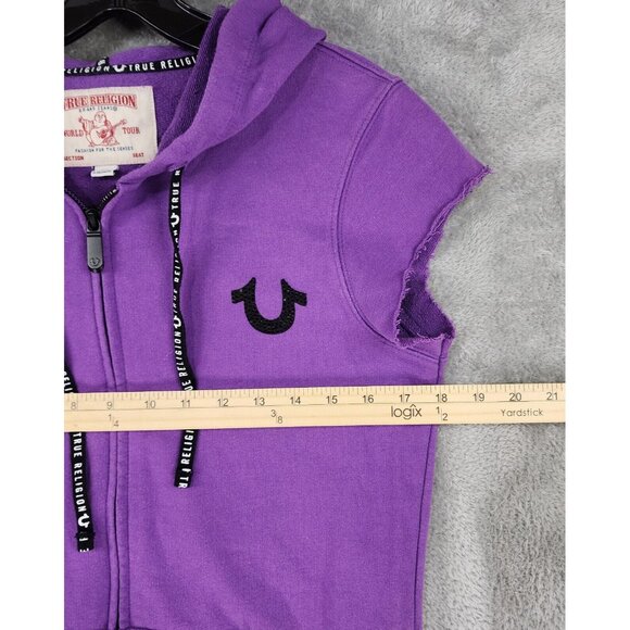 True Religion Hoodie Womens Small Purple Full Zip Cutoff Sleeves Sweatshirt - Picture 4 of 11